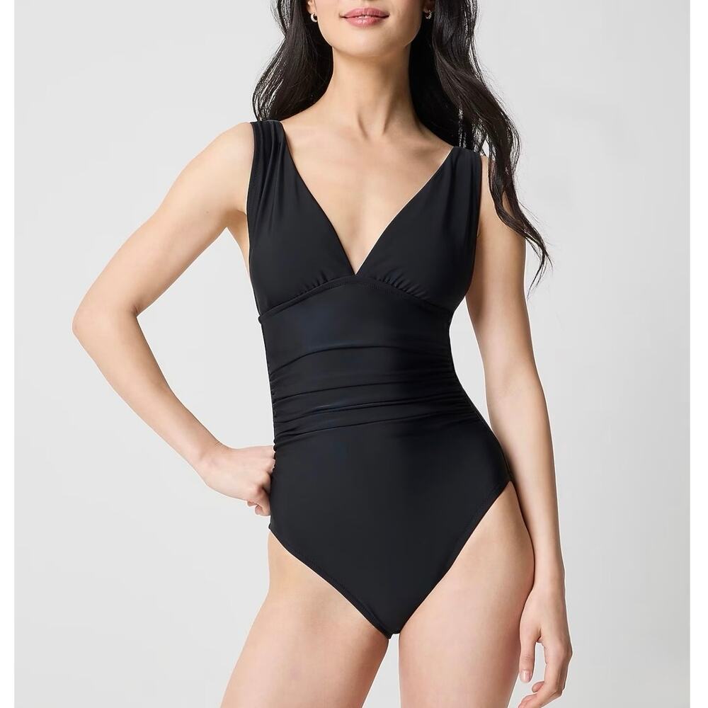 NWT J.Crew Factory Ruched Plunge One-Piece Swimsuit Black Size XL